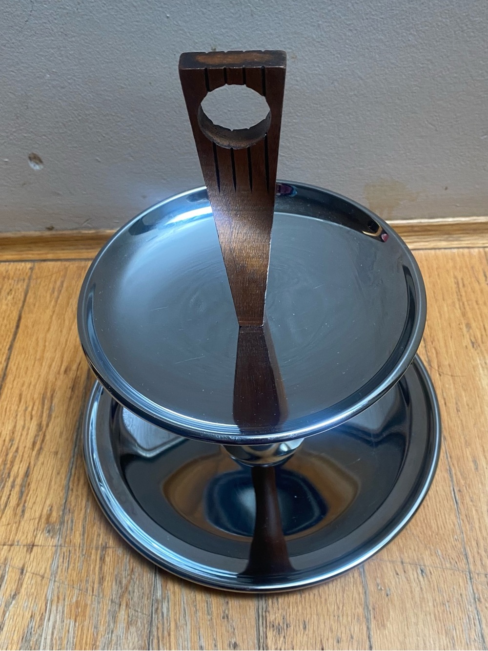 Vintage MCM Kromex 2-Tier Chrome Serving Tray Wood Handle Tidbit Stand